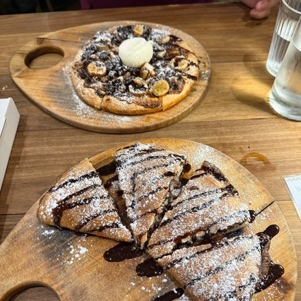 Chocolate crepes and dessert pizza